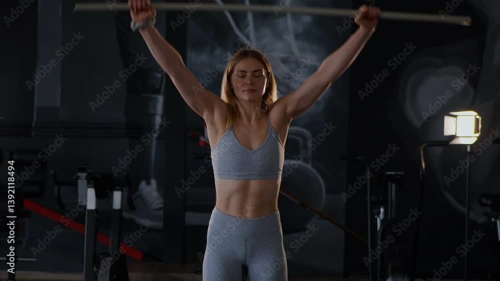 A woman's strength, showcased in a gym setting. The athlete's form, a testament to dedication. The bar held steady, a symbol of inner resilience. A woman's strength, showcased in a gym setting. The athlete's form, a testament to dedication. The bar held steady, a symbol of inner resilience.