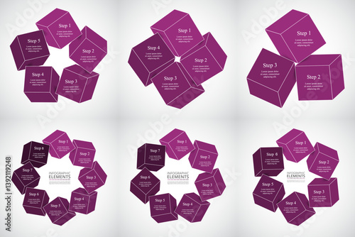 Set of creative violet infographic templates with 3, 4, 5, 6, 7 and 8 options, parts or processes.