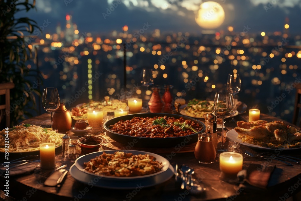 Naklejka premium Romantic rooftop dinner overlooking city lights