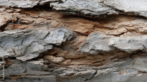 Close-up of tree bark, with a textured, rough surface in gray and brown tones, set against a natural background. 