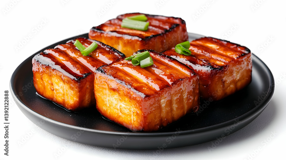 Grilled Tofu Slices Glazed with Sauce on Black Plate Grilled Tofu Slices Glazed with Sauce on Black Plate