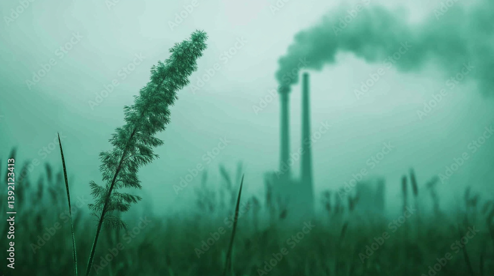 Air pollution from industrial chimneys behind meadow grass highlights climate impact and ecological tension