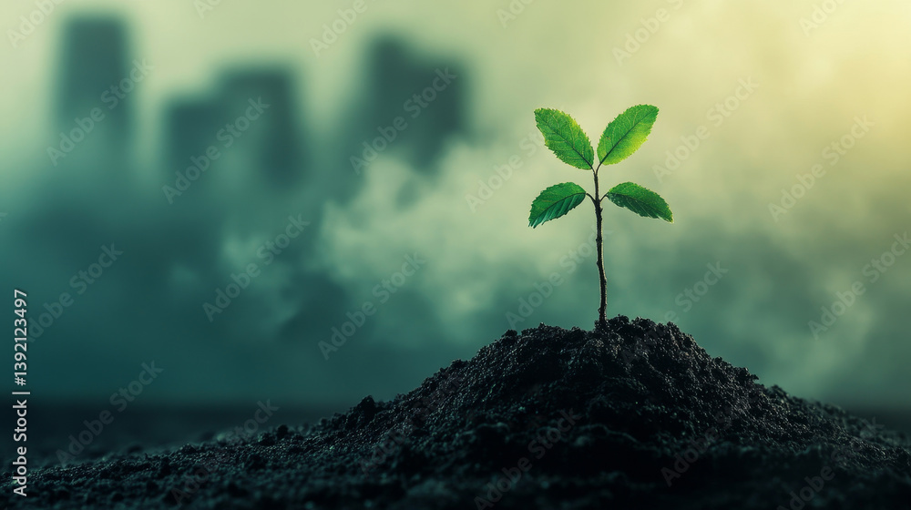 Young green plant growing in black soil near smog-covered city represents sustainability and climate hope
