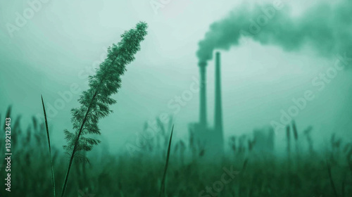 Obraz na płótnie Air pollution from industrial chimneys behind meadow grass highlights climate impact and ecological tension w salonie