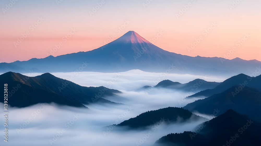 Majestic Volcano Peak at Sunrise with Misty Valley Majestic Volcano Peak at Sunrise with Misty Valley