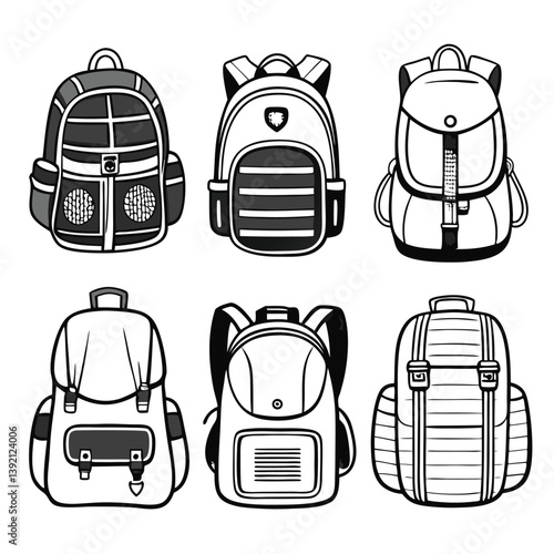 Hand-Drawn Backpack Doodle Set  Unique Black and White Bag Illustrations