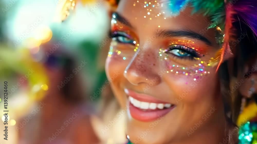 Close-up face portrait of a beautiful smiling woman with colourful glitter makeup and feather headdress enjoying festival. Close-up face portrait of a beautiful smiling woman with colourful glitter makeup and feather headdress enjoying festival.
