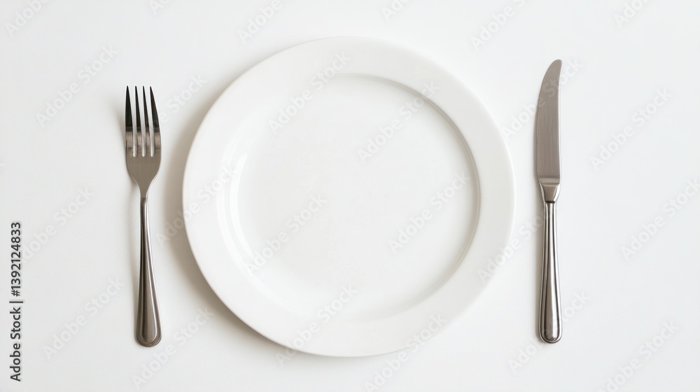 Empty white plate, fork, and knife on white background. Possible use Restaurant menu, food photography Empty white plate, fork, and knife on white background. Possible use Restaurant menu, food photography
