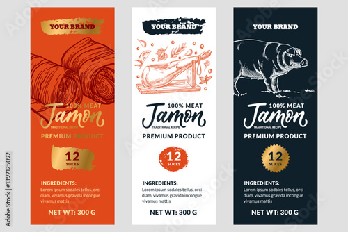 Set of jamon package label design. Vector hand drawn sketch illustration. Ham stickers template