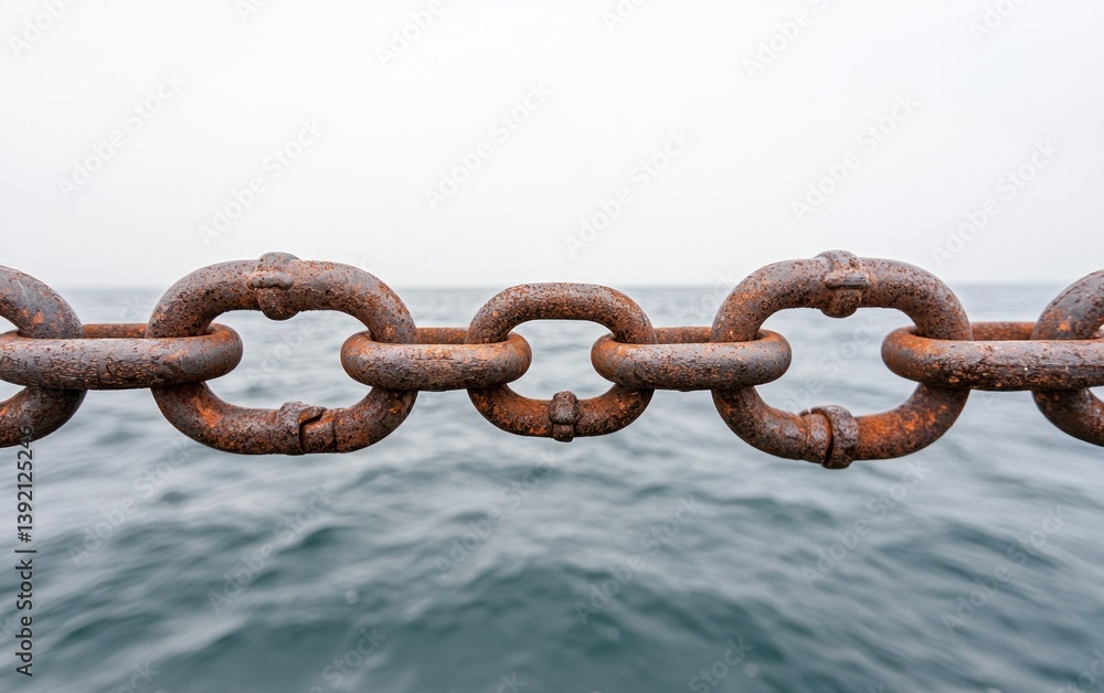 Fototapeta premium Rusty Chain Links Against Blurred Ocean