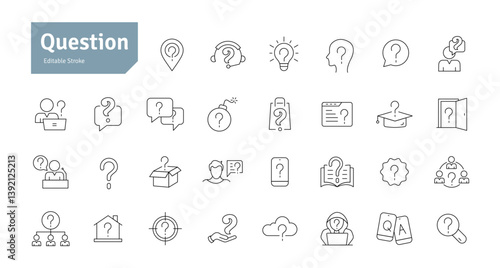 Question Line Icon Set. Question Mark, Thinking, Asking, Confusion, Answer, Help, Lost. Editable Stroke Vector Illustration