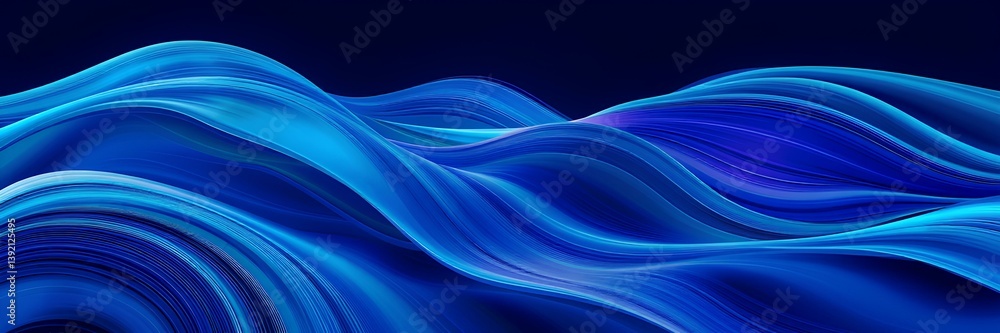 Fototapeta premium Serene Blue Waves: Smooth Flowing Aquatic Abstract Forms on Deep Navy Background in Horizontal Panoramic Composition