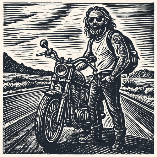 Vector illustration: Bearded biker with backpack stands by motorcycle on open desert road. Retro woodcut style. Travel, freedom, adventure concept.