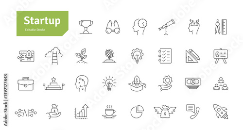 Startup Line Icons Set. Funding, Planning, Strategy, Launch, Marketing, Growth, Ideas, Technology, Creativity Icons Editable Stroke Vector Illustration