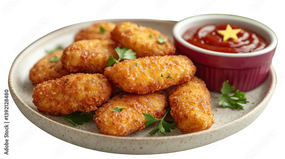 Delicious breaded chicken nuggets served with ketchup and tomato sauce on a plate Delicious breaded chicken nuggets served with ketchup and tomato sauce on a plate