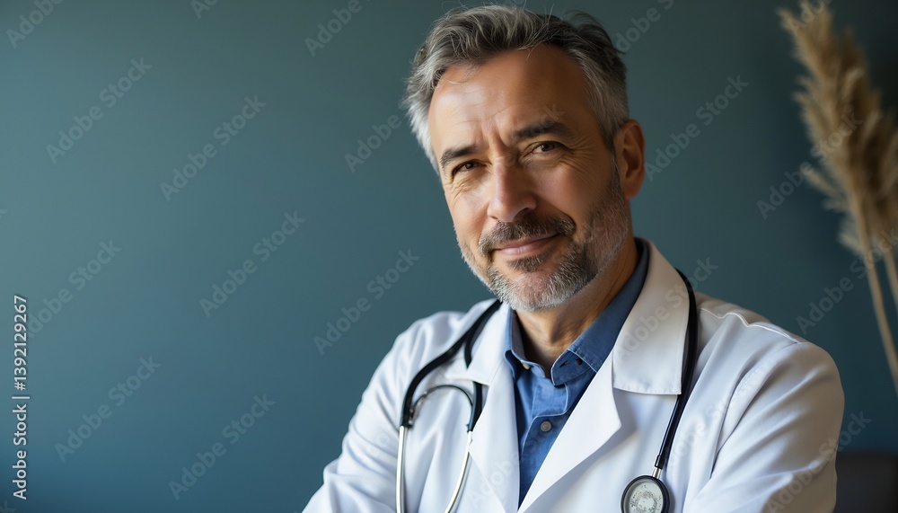 Experienced Male Doctor With Stethoscope Posing Confidently In His Office Experienced Male Doctor With Stethoscope Posing Confidently In His Office