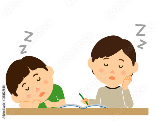勉強中の子供2人が居眠りをしている
