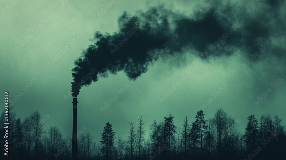 Factory chimney emitting black smoke over forest illustrates air pollution and ecological degradation