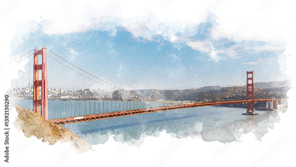 Αυτοκόλλητο Stylized watercolor drawing of the Golden Gate Bridge