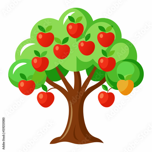 A tree laden with ripe red apples and vibrant green leaves on a white view