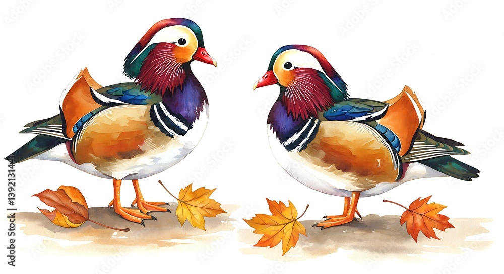 Obraz premium Autumnal Mandarin Ducks: A Watercolor Study in Vivid Detail AI Generated