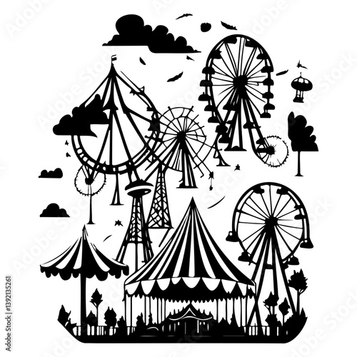 Silhouette depiction of a whimsical fairground scene with vintage amusement rides