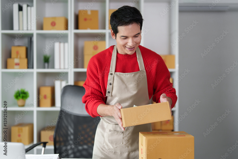 Organizing and Packing Merchandise. A smiling entrepreneur prepares packages for shipping in his office. Organizing and Packing Merchandise. A smiling entrepreneur prepares packages for shipping in his office.