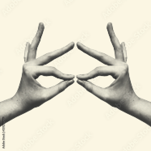 A vintage halftone illustration of two hands symmetrically positioned to create glasses shape, evoking artistic and conceptual design. .