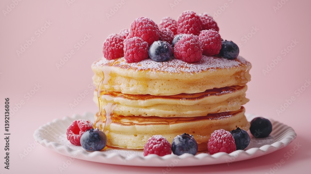 Golden pancakes topped with fresh berries on a white plate in spring Golden pancakes topped with fresh berries on a white plate in spring