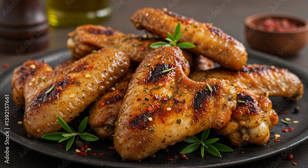 Grilled Chicken Wings Dark Plate Warm Lighting. AI Generated Grilled Chicken Wings Dark Plate Warm Lighting. AI Generated