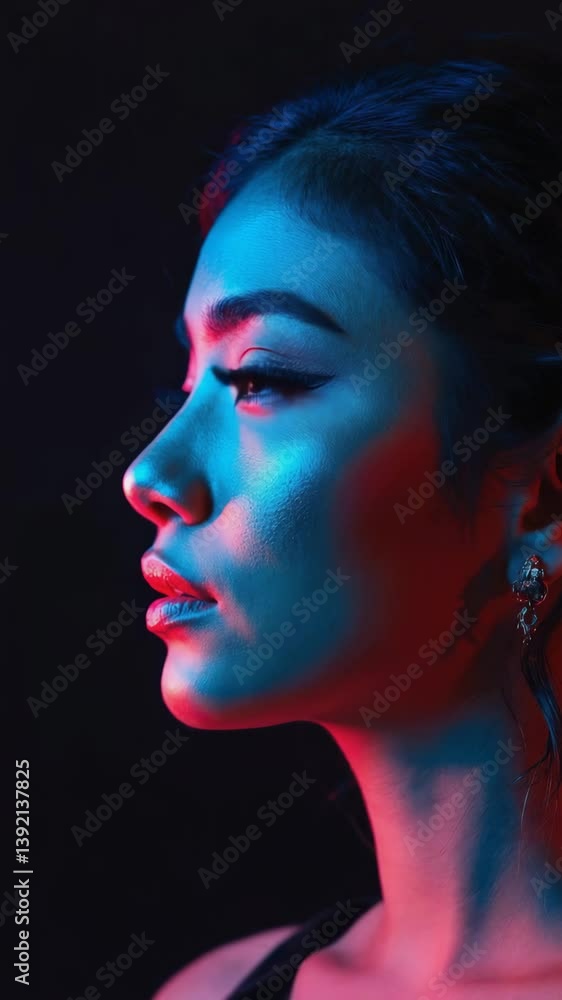 Moody close-up of a woman's face partially lit by neon blue and red lights, with shadows adding depth and mystery.
Moody close-up of a woman's face partially lit by neon blue and red lights, with shadows adding depth and mystery.
