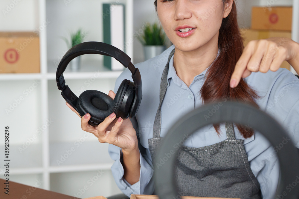 Product Showcase and Online Selling. A young entrepreneur demonstrates headphones to her audience during a live session. Product Showcase and Online Selling. A young entrepreneur demonstrates headphones to her audience during a live session.