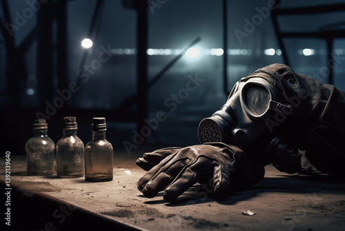 Gas Mask Gloves and Vials on Dusty Surface
