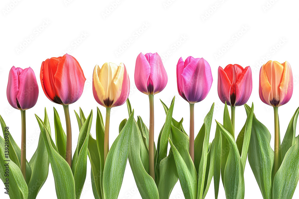 Vibrant spring tulips blooming a colorful row of pink red yellow tulips isolated on white background isolated on transparent background Vibrant spring tulips blooming a colorful row of pink red yellow tulips isolated on white background isolated on transparent background