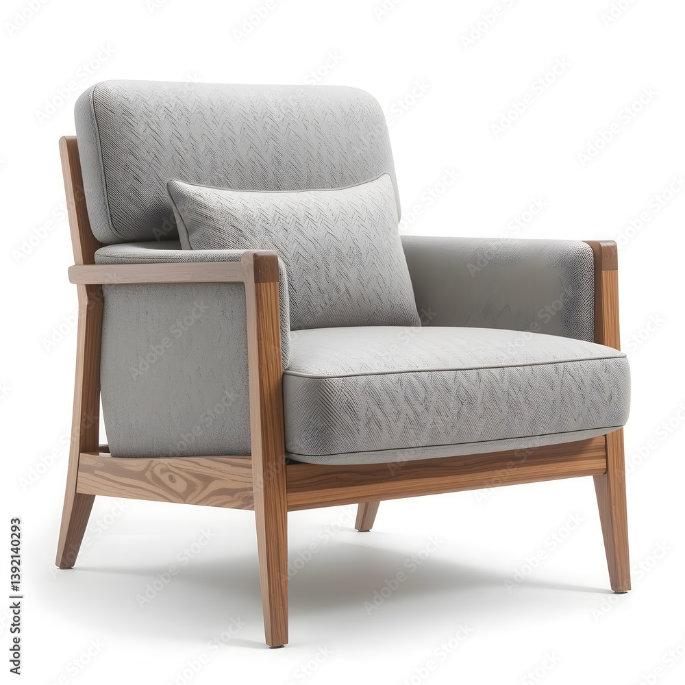 Fototapeta premium A modern armchair with sleek wooden legs, plush cushions, and a minimalist design, isolated on a white background