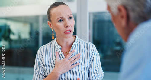 Billede på lærred Office, hr and talking to employee, serious and shocked by complaint in meeting, chat and asking for help