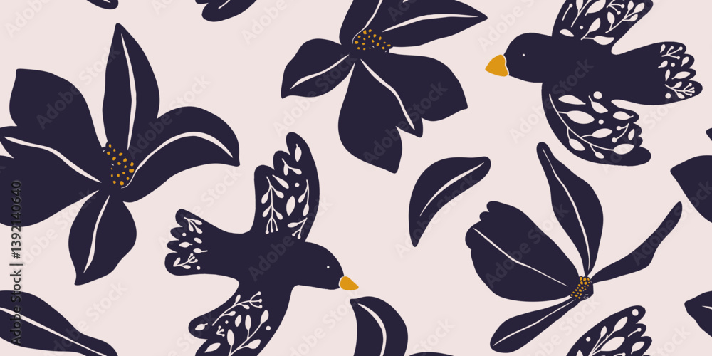 Obraz premium Floral Birds Pattern. Collage contemporary print. Fashionable template for design.
