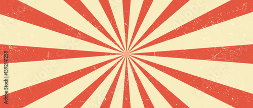 Retro circus-themed background with bold red sunburst rays over a grunge beige texture. A distressed, nostalgic design perfect for posters, flyers, invitations, or vintage-style visual projects