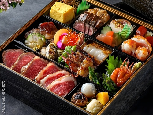 Luxurious Japanese bento box with premium ingredients