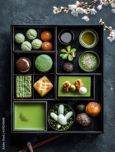 Assortment of elegant matcha-themed Japanese desserts in a bento box