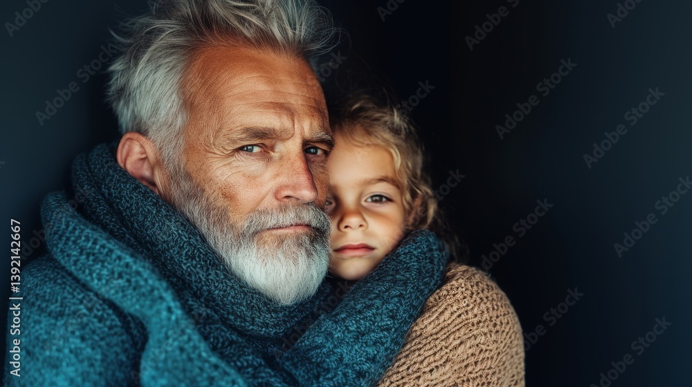 Father and daughter wrapped in warm scarves share a moment of protection and tenderness in a dark, cozy setting