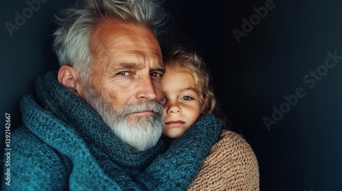 Father and daughter wrapped in warm scarves share a moment of protection and tenderness in a dark, cozy setting