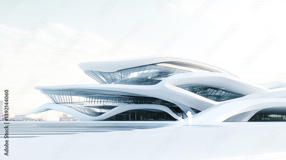 Modern white architectural building, city skyline background, urban design, photorealistic render, architectural render Modern white architectural building, city skyline background, urban design, photorealistic render, architectural render