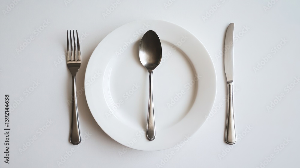 Empty white plate with silverware on white background Empty white plate with silverware on white background