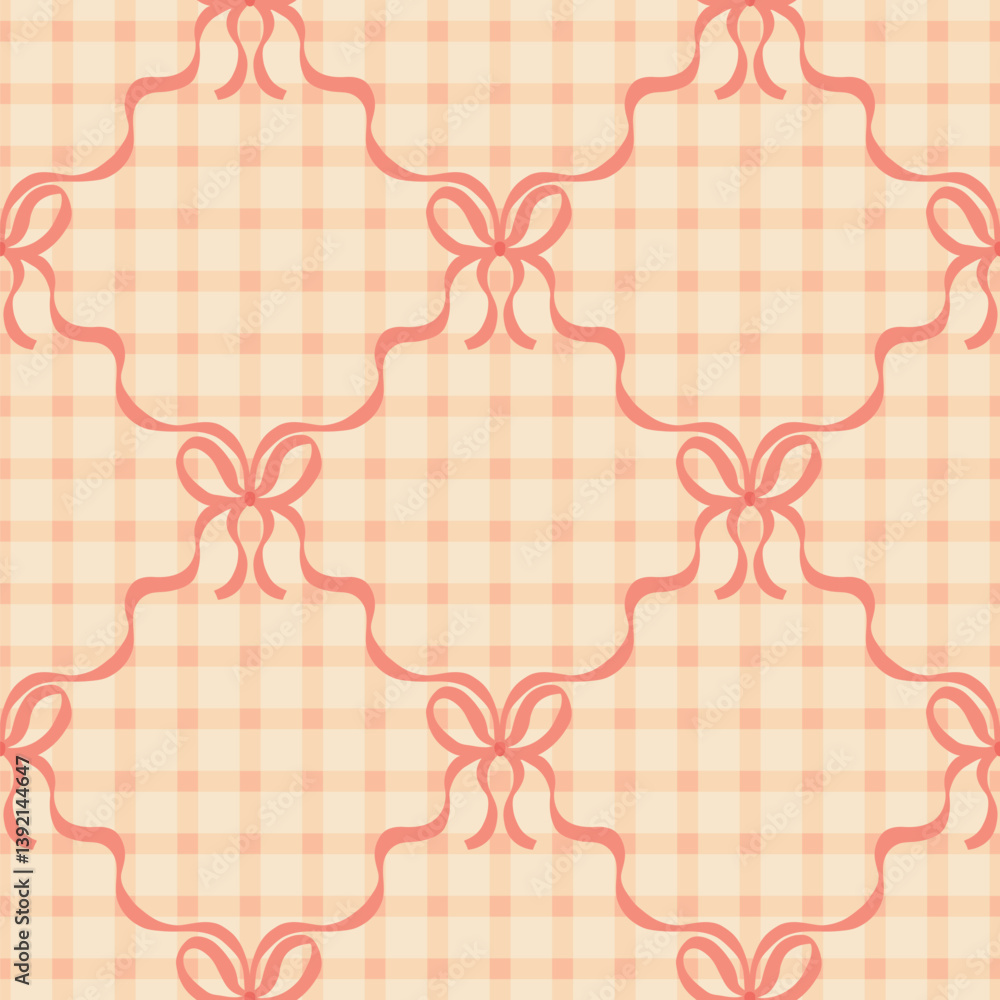 Flirty bows knitted in a mesh of diamonds. Vector seamless pattern. Preppy cute cartoon hand drawn illustration on a satin check background. textile printing, baby clothes, wallpaper, scrapbooking Flirty bows knitted in a mesh of diamonds. Vector seamless pattern. Preppy cute cartoon hand drawn illustration on a satin check background. textile printing, baby clothes, wallpaper, scrapbooking