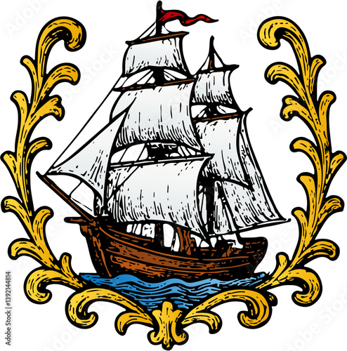 Nautical ornament. Old sailing ship. Vintage illustration	
