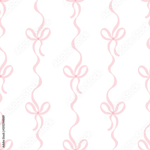 Flirty bows and ribbons are tied into vertical. Vector seamless pattern. Preppy cute cartoon hand-drawn illustration. Ideal textile printing, baby clothes, wallpaper, scrapbooking.