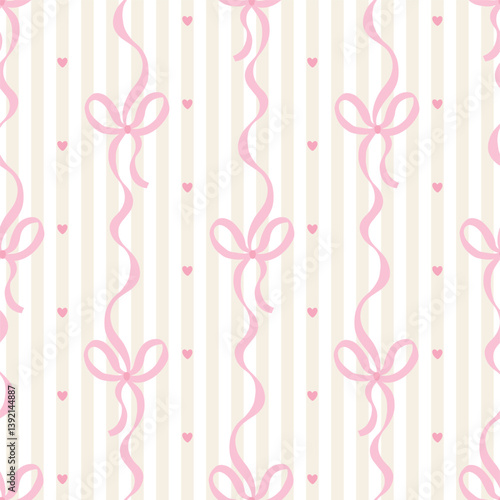 Flirty bows and ribbons are tied into vertical. Vector seamless pattern. Preppy cute cartoon hand-drawn illustration. Ideal textile printing, baby clothes, wallpaper, scrapbooking.