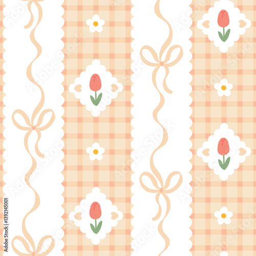 Seamless kawaii spring pattern with pastel bows, tulips, daisies and gingham background. Cute girly design perfect for fabrics, wallpapers, and stationery.