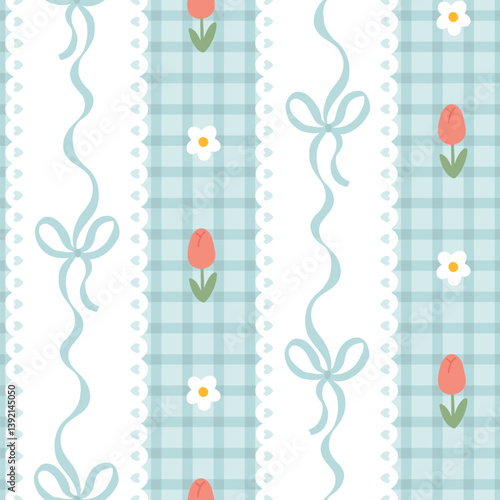 Seamless kawaii spring pattern with pastel bows, tulips, daisies and gingham background. Cute girly design perfect for fabrics, wallpapers, and stationery.